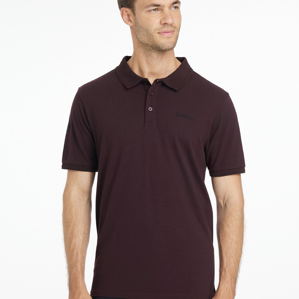 LeMieux Men's Classique Polo Shirt - Damson Red - shown on model with white background | Men's Athletic Wear | Malvern Saddlery