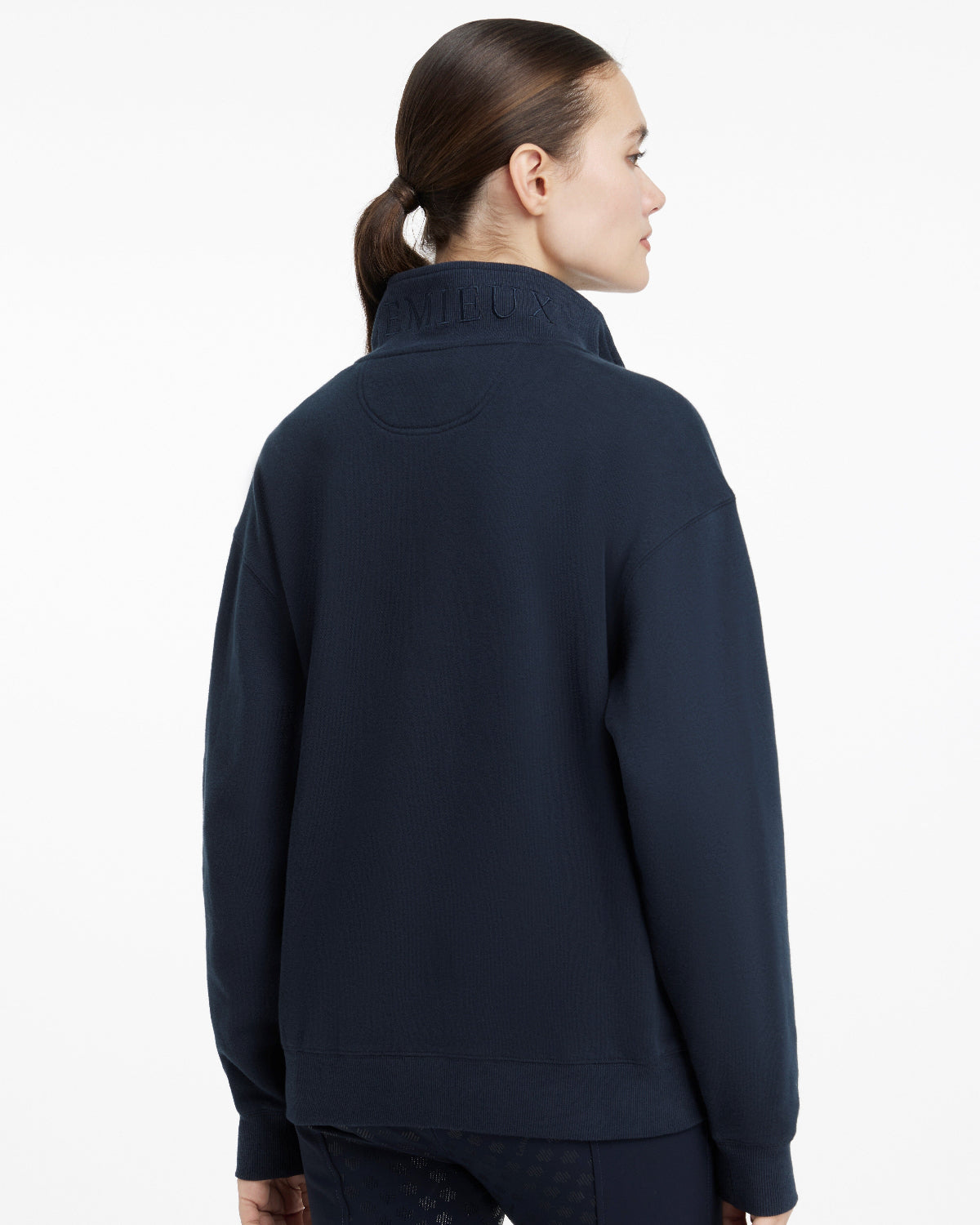 LeMieux Keira Quarter Neck Sweatshirt - Navy, back view shown on person with white background | Athleisure | Malvern Saddlery
