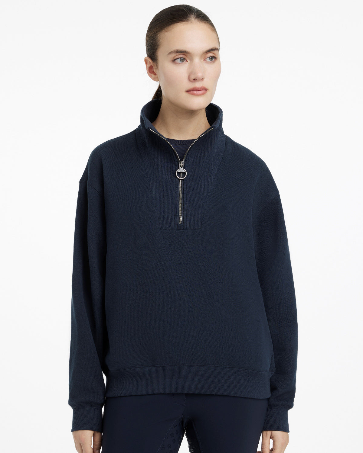 LeMieux Keira Quarter Neck Sweatshirt - Navy, shown on person with white background | Athleisure | Malvern Saddlery