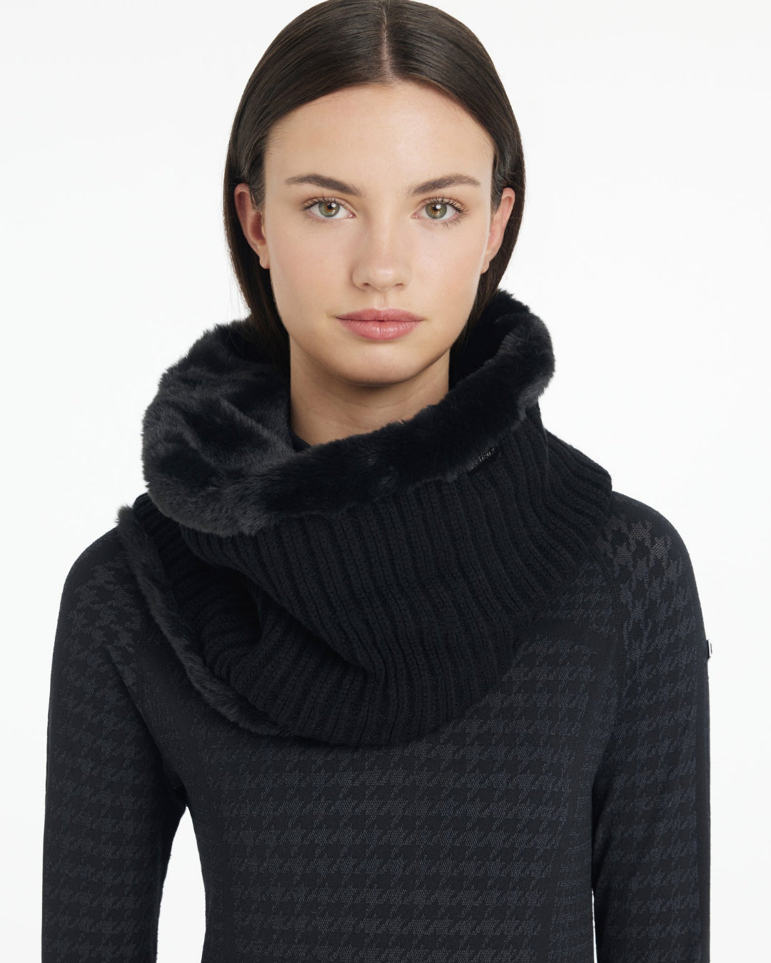 LeMieux Aspen Snood - Black; shown on woman against white background | Hats, Gloves & Scarves | Malvern Saddlery