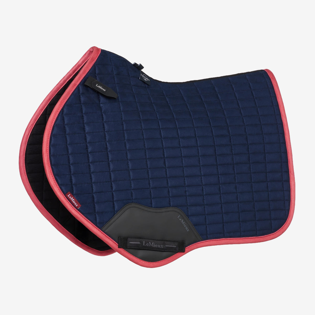 LeMieux Suede Close Contact -Navy blue saddle pad with Cranberry red/pink border on a white background | Malvern Saddlery