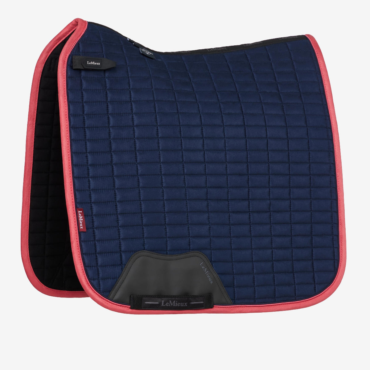 LeMieux Suede Dressage Square Saddle Pad - Navy/Cranberry on white background | Malvern Saddlery