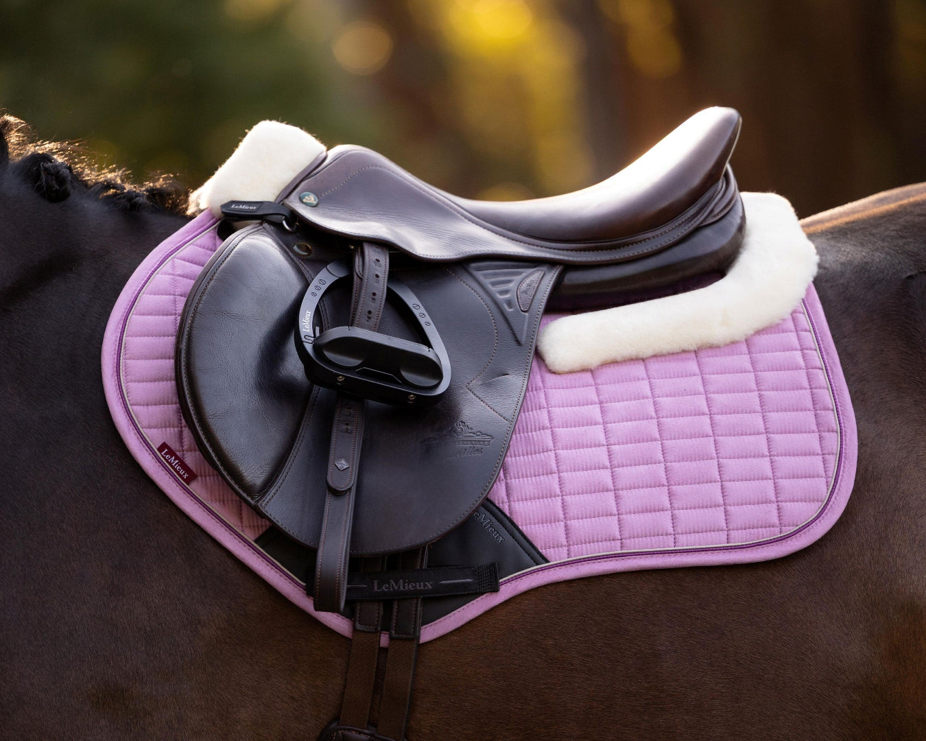 LeMieux Merino+ Suede Close Contact Square Saddle Pad - Fondant Pink; on horse with saddle, outdoor background | Malvern Saddlery