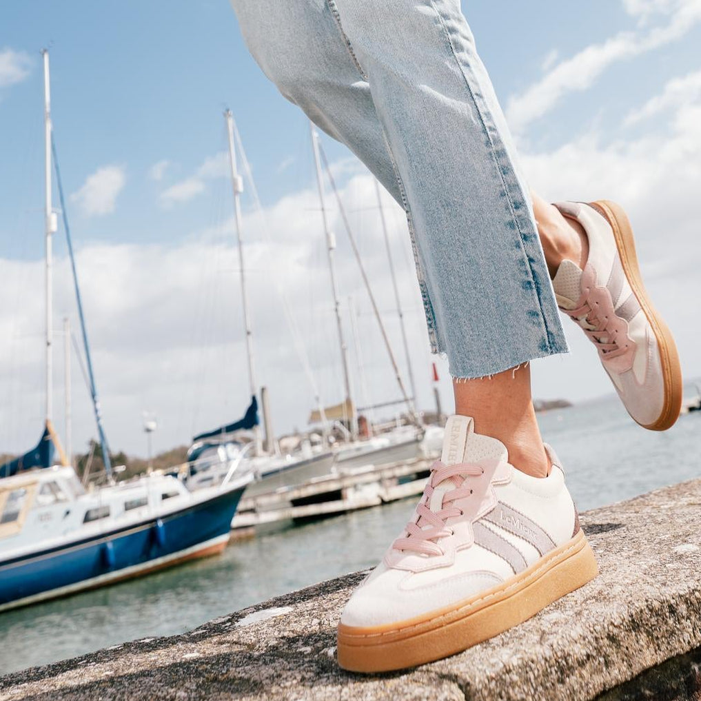 LeMieux Stockbridge Suede Lifestyle Trainers - Stone; shown on woman walking by marina | Casual Footwear | Malvern Saddlery