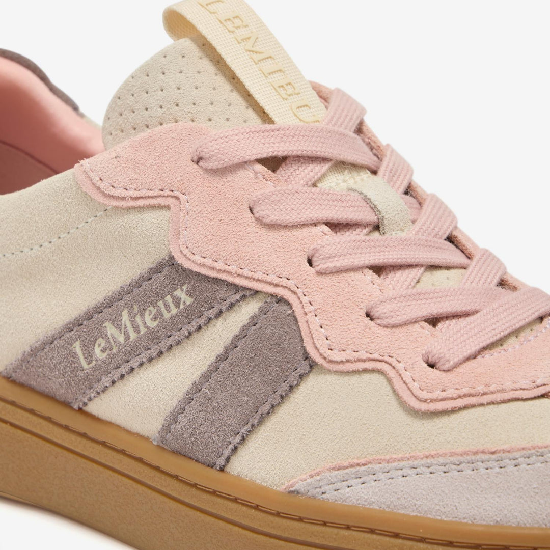 LeMieux Stockbridge Suede Lifestyle Trainers - Stone; close up of light pink laces shown on white background | Casual Footwear | Malvern Saddlery