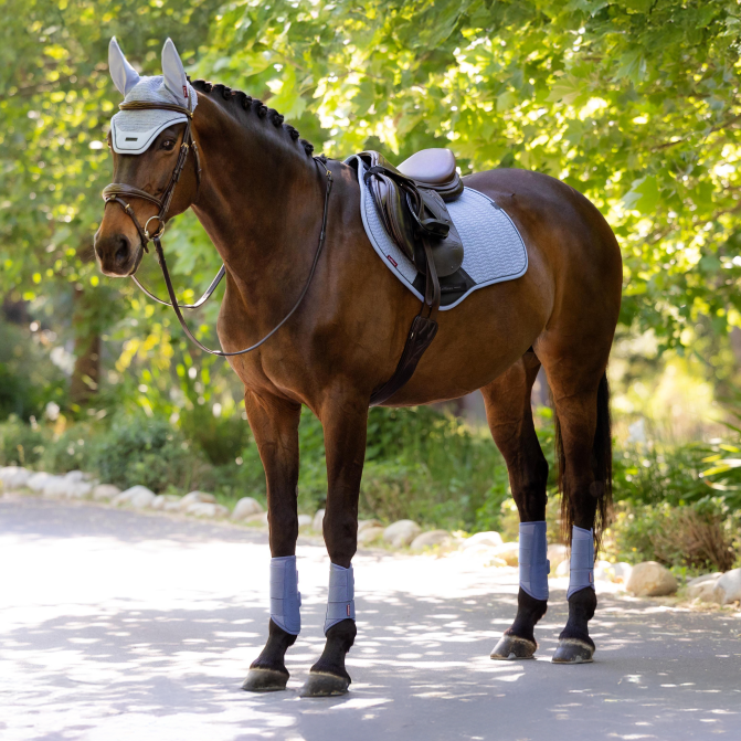 LeMieux Essence Close Contact Square Saddle Pad - Powder Blue; on chestnut horse with brown saddle outdoor background | Tack Shop | Malvern Saddlery