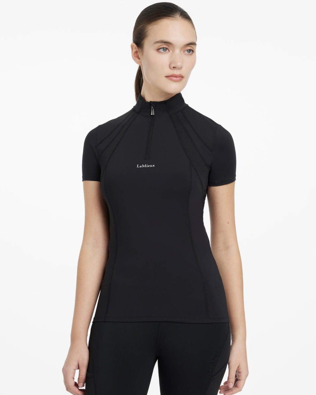 LeMieux Mia Mesh Women's Short Sleeve Base Layer - Black; shown on woman | Malvern Saddlery