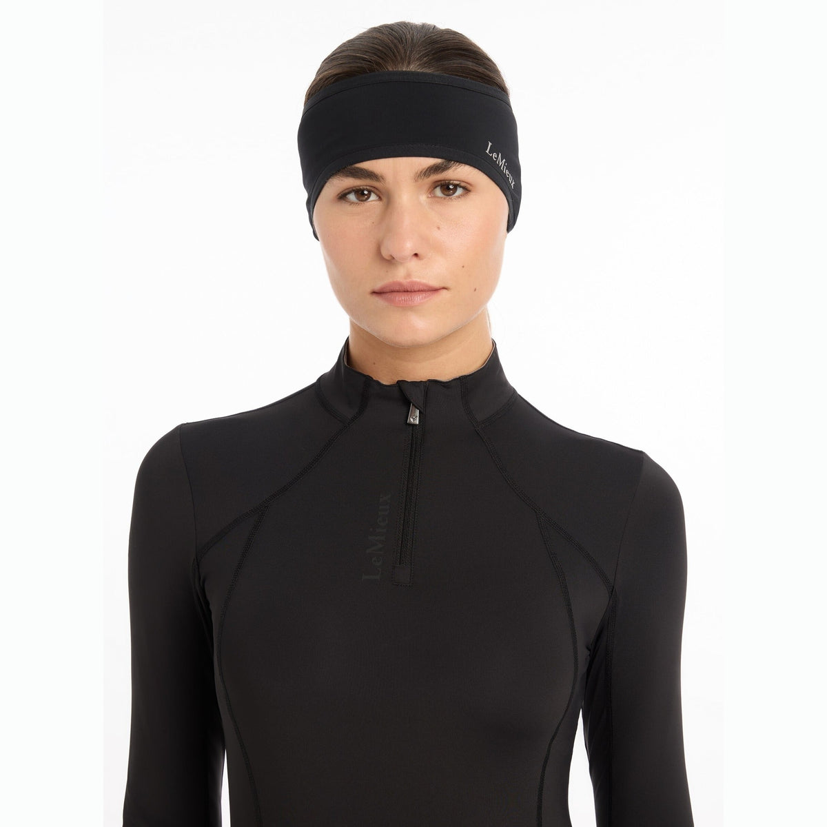 LeMieux Ear Warmer Headband - Black, worn, front view | Malvern Saddlery