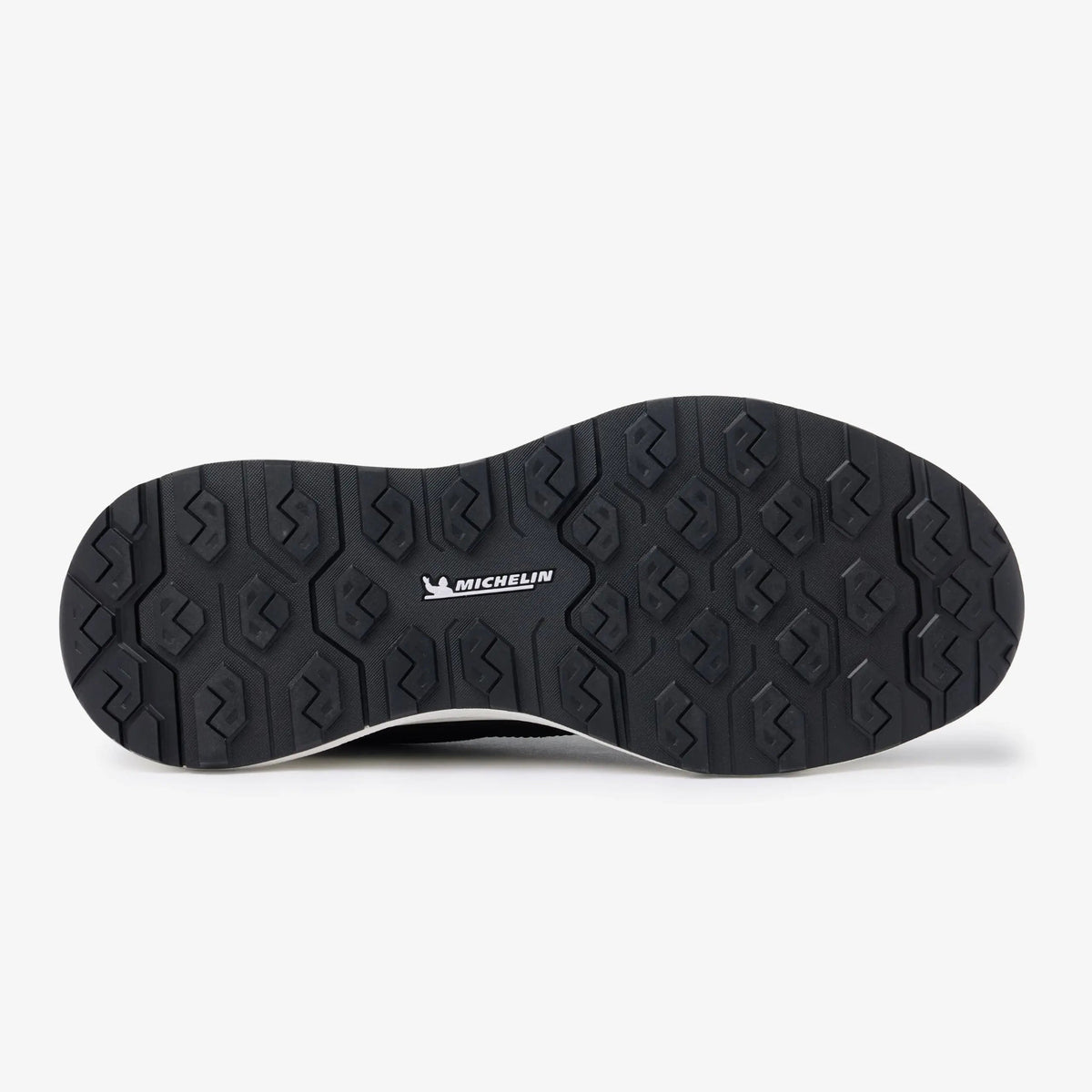 Bottom view of black LeMieux Kanta Waterproof Sneaker showing slip-resistant Michelin rubber outsole tread.