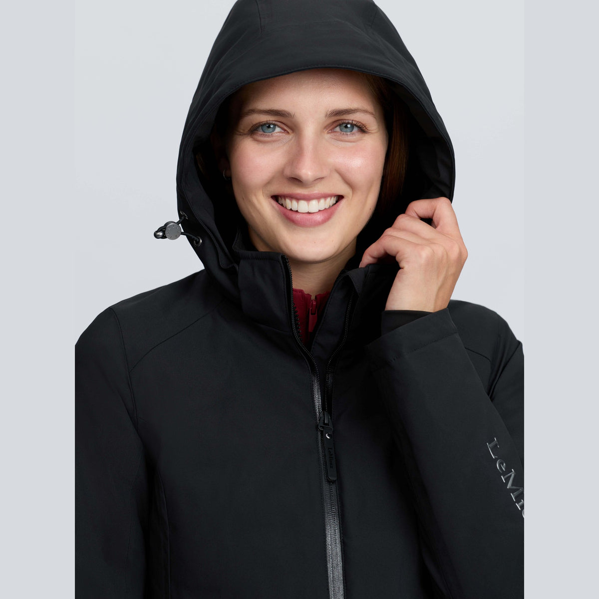 LeMieux Women's Brooke 3-in-1 Waterproof Hybrid Jacket - Black, hood close-up | Malvern Saddlery