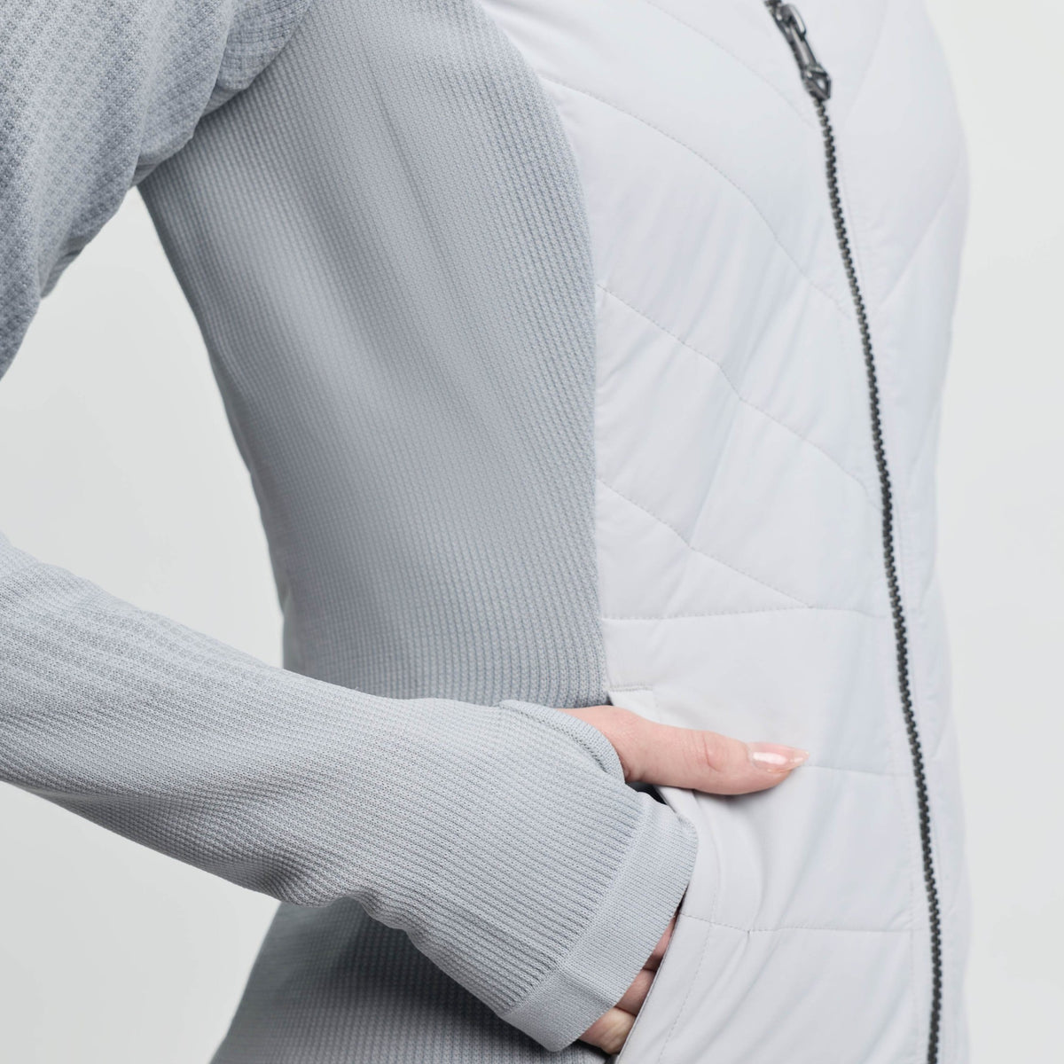 LeMieux Women's Maddie Hybrid Jacket - Lt. Gray, pocket and knit close-up | Malvern Saddlery