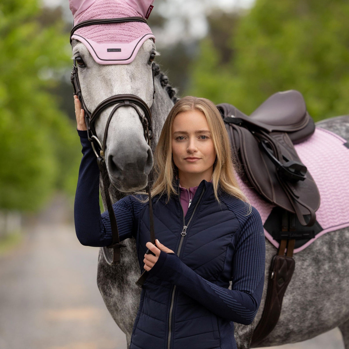 LeMieux Women's Maddie Hybrid Jacket - Navy, at the yard with horse | Malvern Saddlery