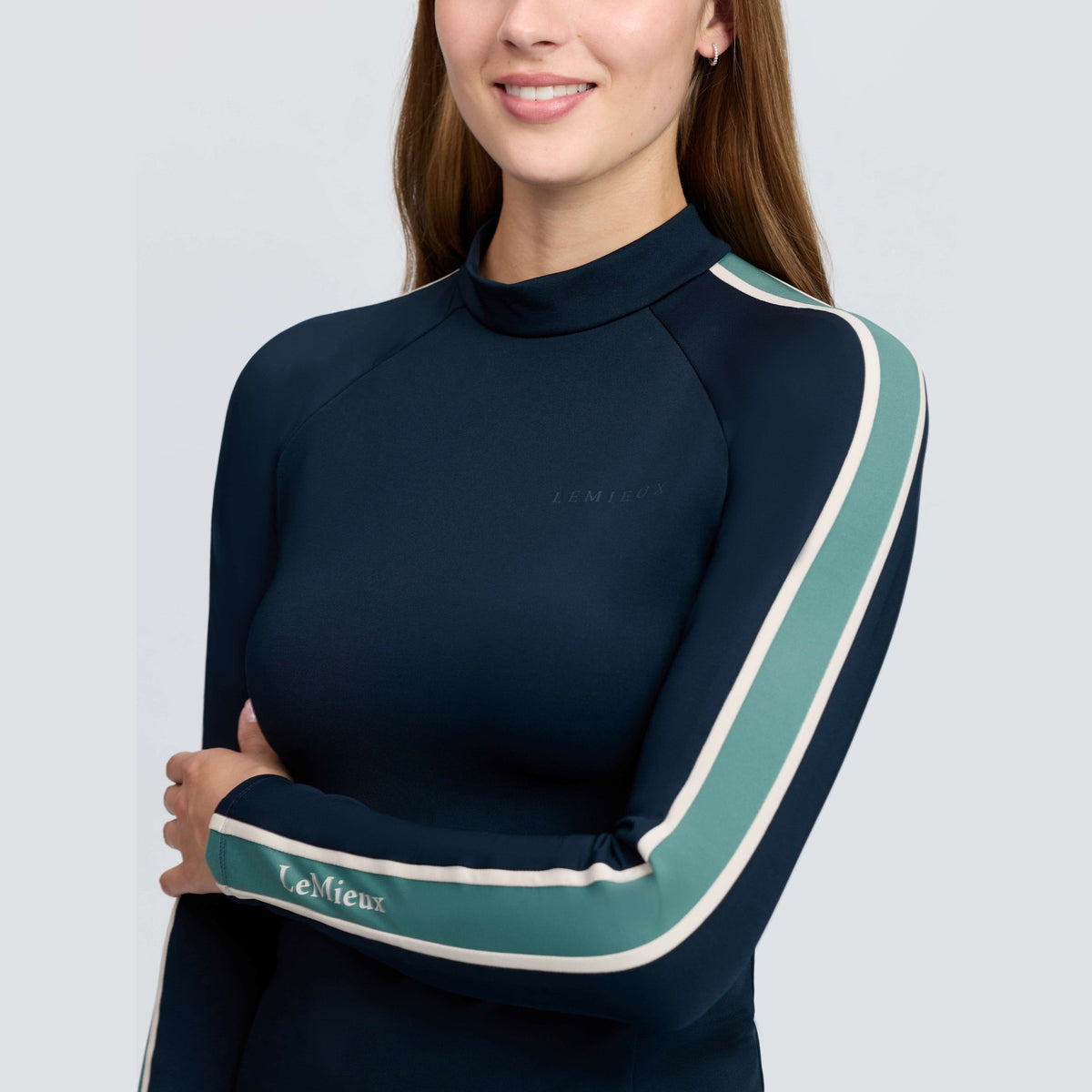 LeMieux Women's Talia Turtle Neck Base Layer - Navy, sleeve stripe close-up | Malvern Saddlery