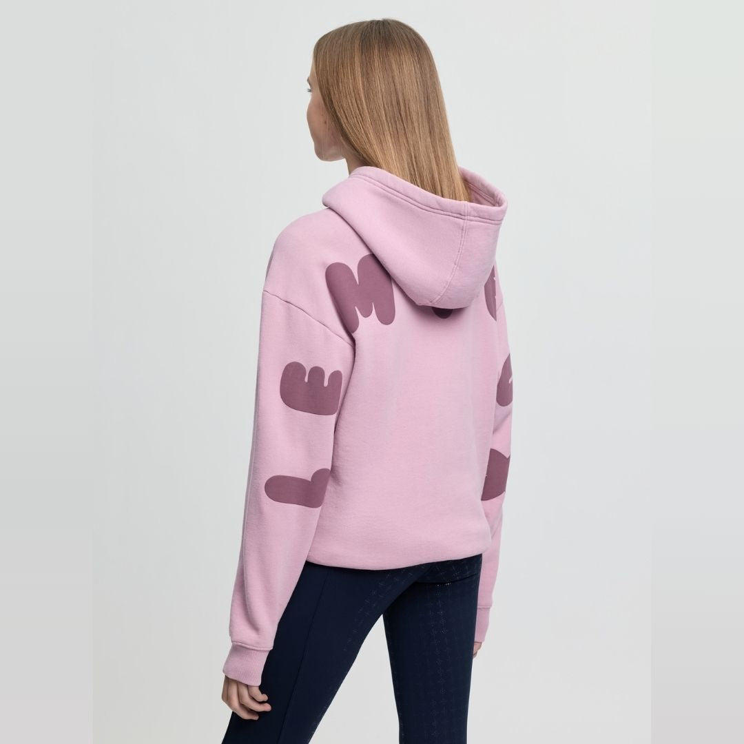 LeMieux Young Rider Sia Hoodie - Fondant PInk; side/back view shown on person | Malvern Saddlery