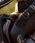 LeMieux 3D Mesh Gloves - Black, shown on rider on horse | Malvern Saddlery
