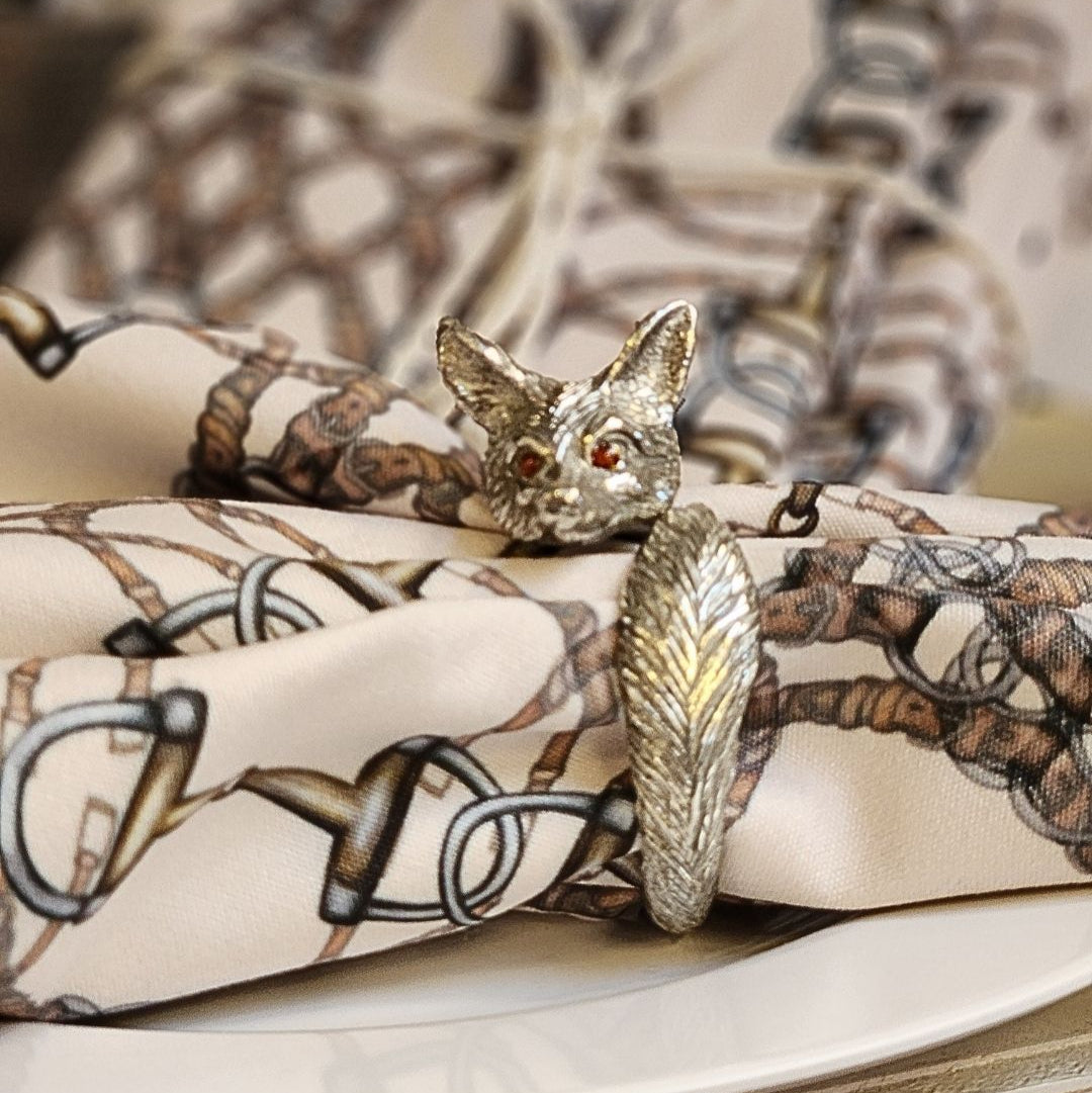 Decorative pewter napkin ring with fox design on Equestrian Status Cloth Napkins | Malvern Saddlery