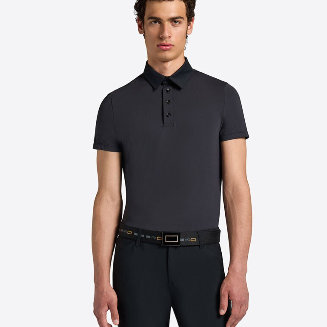 Rider’s Gene Men’s Micro-Perforated Jersey Polo with Button - Navy, on model | Men's Riding Shirts | Malvern Saddlery