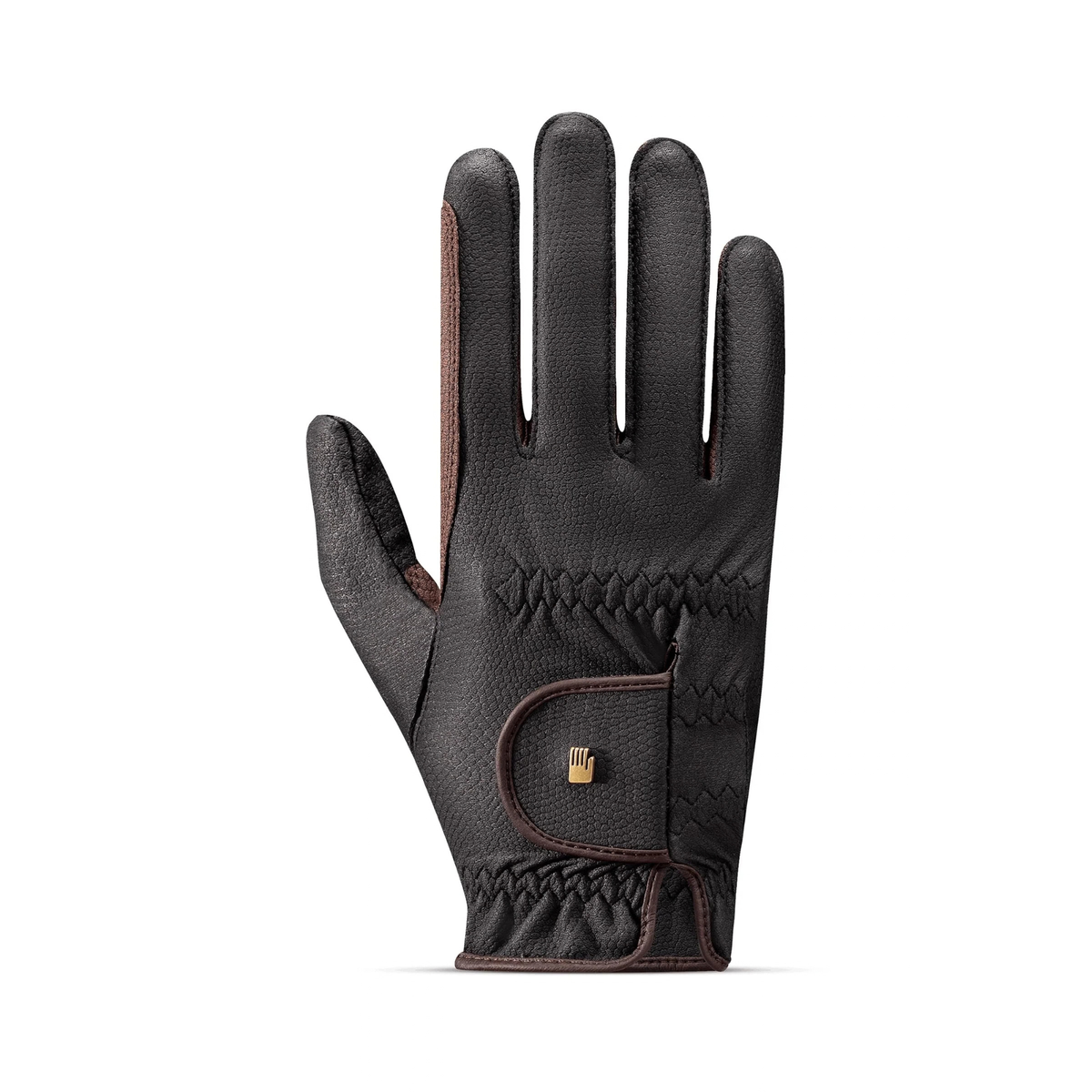Black Roeckl Malta equestrian riding glove with mocha brown contrast trim and wrist strap