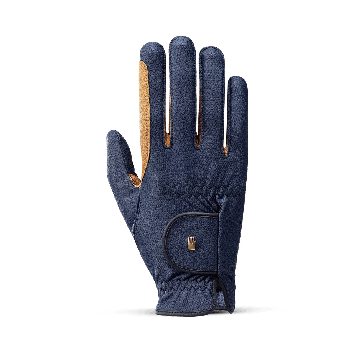 Navy blue Roeckl Malta equestrian riding glove with caramel contrast trim and wrist strap