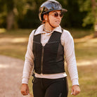 Seaver Safefit Airbag Vest - Black - with Victory Swarovski Crystal pattern Shown  on person wearing helmet outdoors | Malvern Saddlery