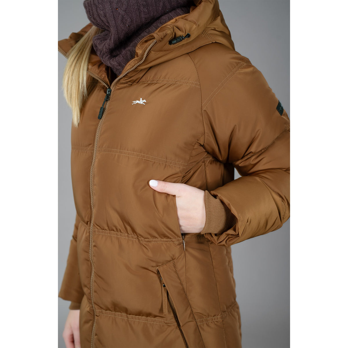 Schockemöhle Kacy Style Women's Long Quilted Coat in Nougat on a model
