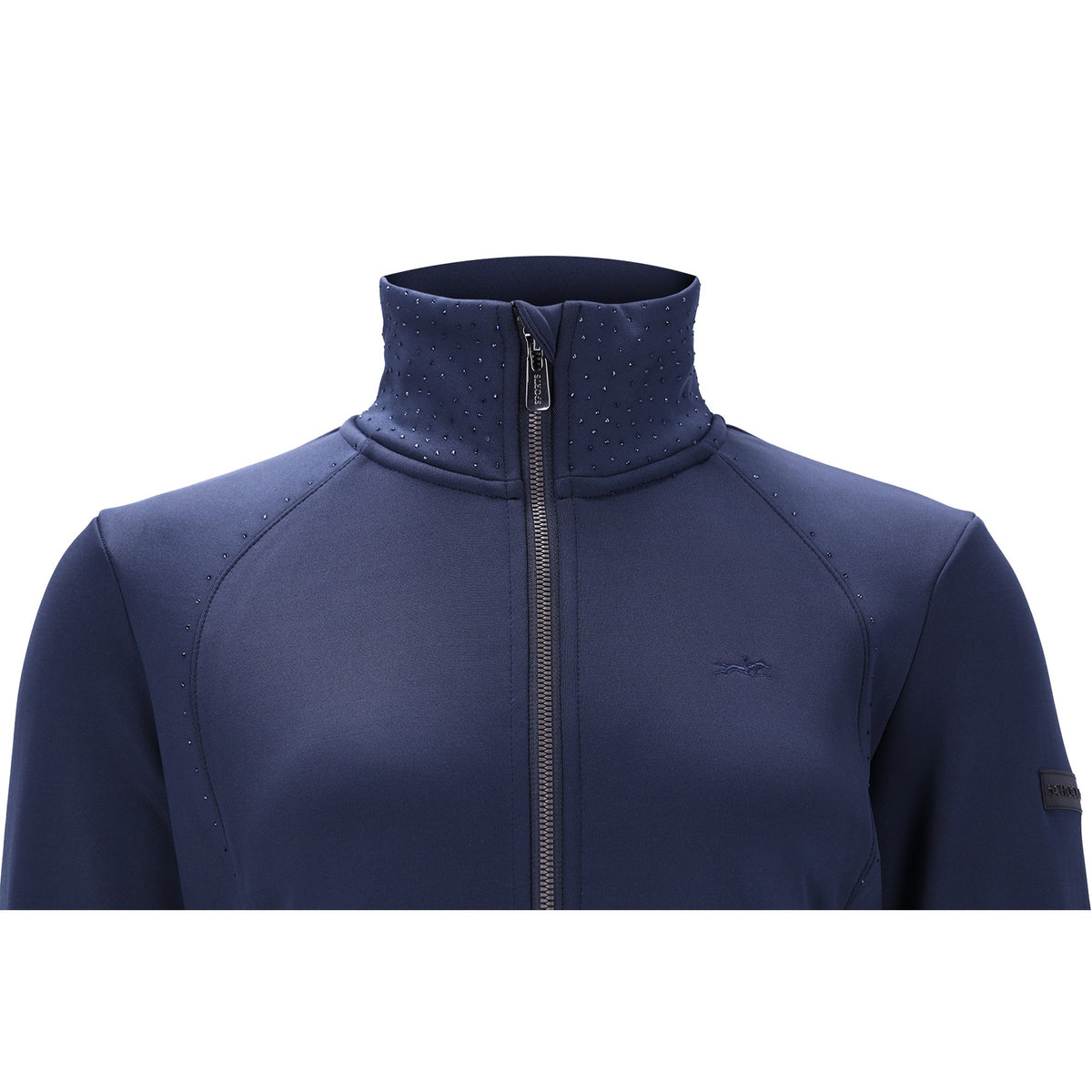 Schockemöhle Ricarda Women's Jersey Jacket in Dark Navy collar and rhinestone close up