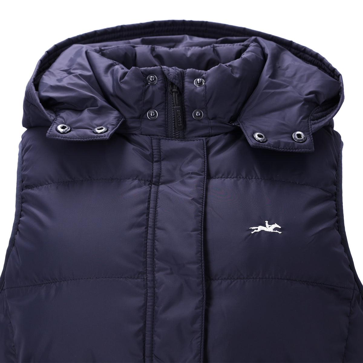 Schockemöhle Tilly Style Women's Long Vest in Dark Navy hood and collar close up