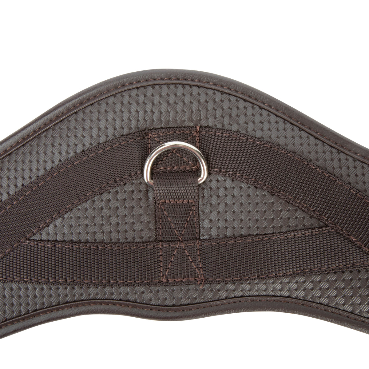 Close-up of brown Shires ARMA anti-chafe anatomical elastic girth showing contouring and stainless steel hardware