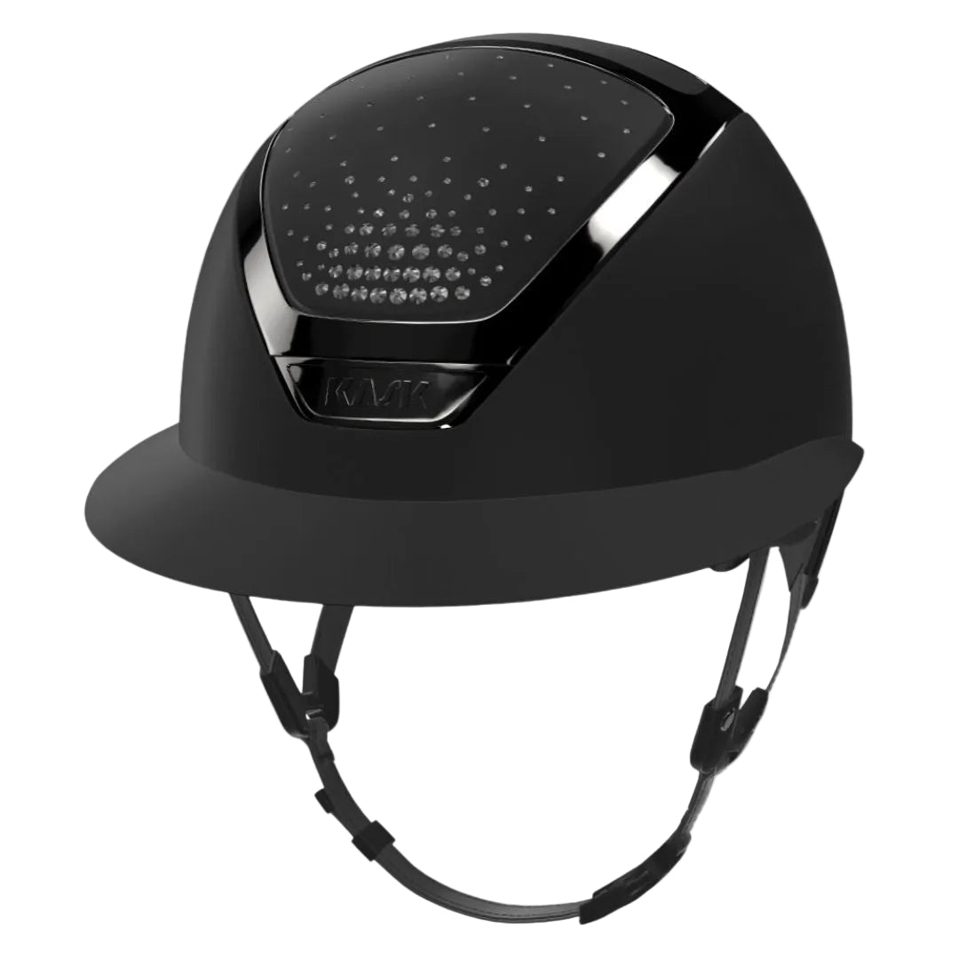 KASK Equestrian Star Lady Chrome helmet with Passage crystal design, black matte helmet, tone-on-tone black chrome frame.. configurator generated image | Malvern Saddlery