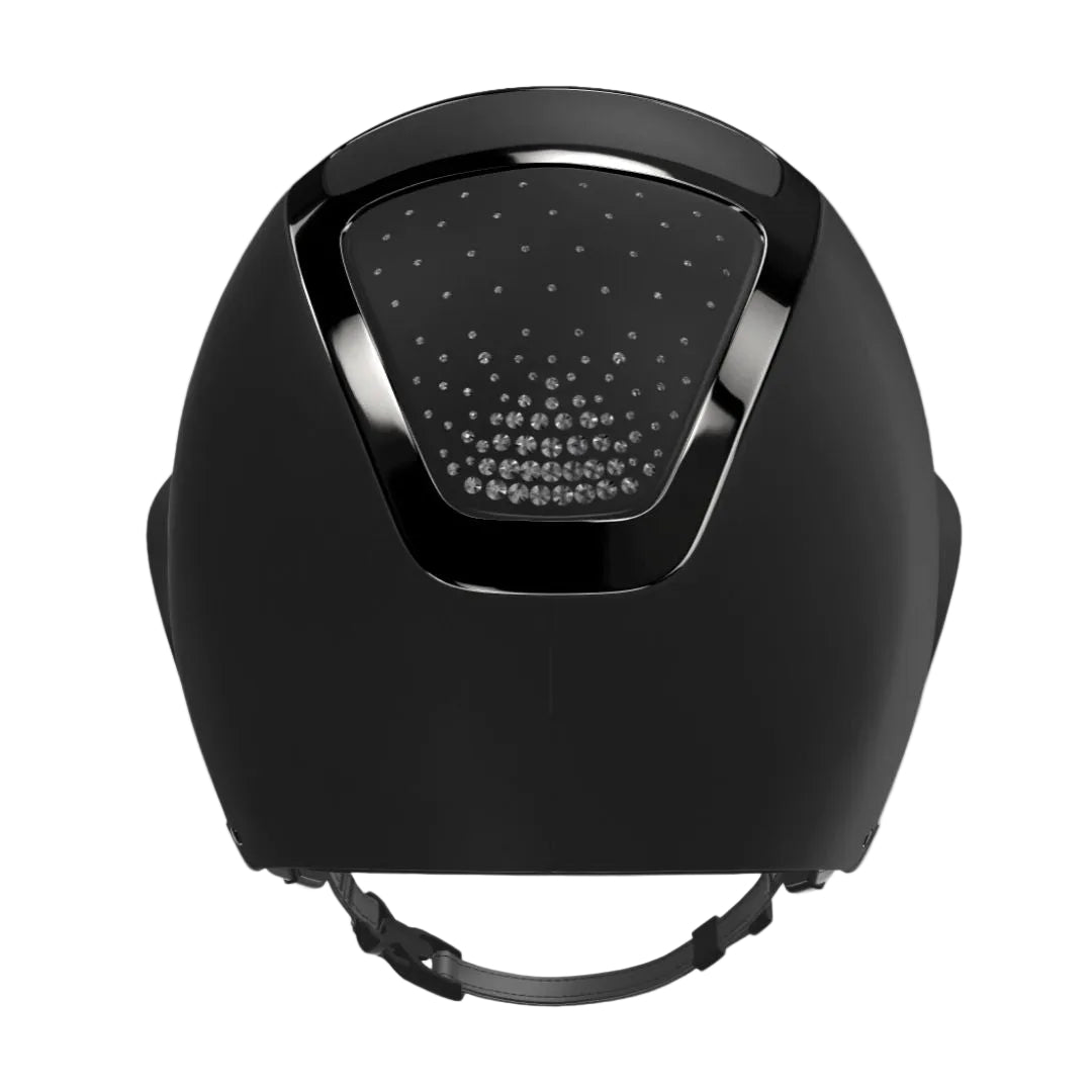KASK Equestrian Star Lady Chrome helmet with Passage crystal design, black helmet, tone-on-tone black chrome frame. back view. configurator generated image | Malvern Saddlery