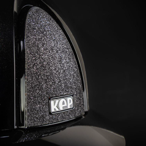 KEP Italia Smart Nova Polish Star Equestrian Helmet - Black; detail of star fabric & logo on front of helmet | Malvern Saddlery
