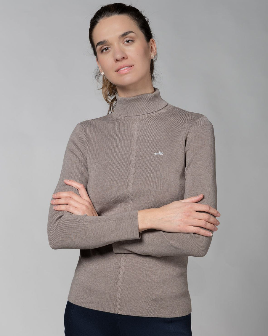 Schockemöhle Sports SP Josie Style Turtleneck Sweater - Hazel; shown on woman against gray background | Ladies Sweaters | Malvern Saddlery