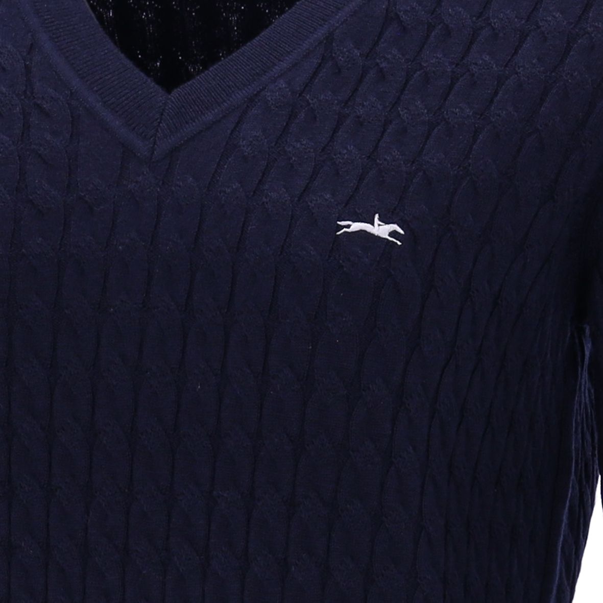Schockemöhle Sports Womens' SP Pam Style Cable knit Sweater -Navy; close up of logo on chest| Malvern Saddlery