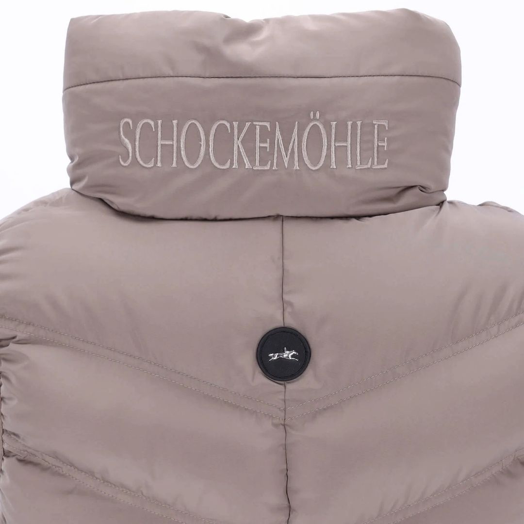 Schockemöhle Sports SPMarleen Style Quilted Ladies Vest -Hazel / Beige, neck collar back detail on white background | Malvern Saddlery