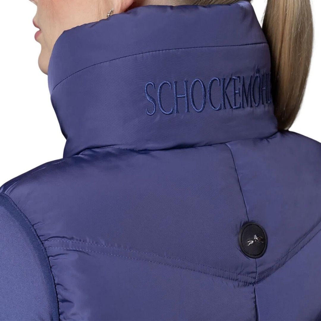 Schockemöhle Sports SPMarleen Style Quilted Ladies Vest - Ink Blue, back neck & shoulder detail on person on white background | Malvern Saddlery