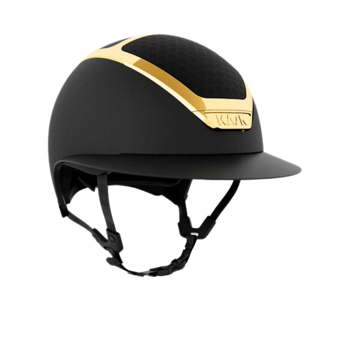 KASK Star Lady Chrome Equestrian Helmet - Black with Gold Frame; on white background | Wide Brim English Riding Helmets | Malvern Saddlery