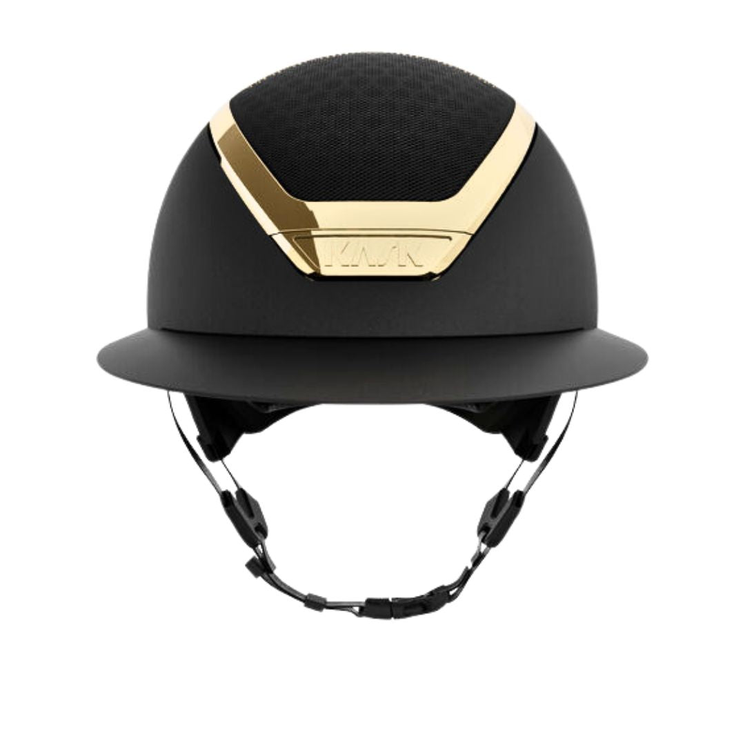 KASK Star Lady Chrome Equestrian Helmet - Black with Gold Frame; front view on white background | Wide Brim English Riding Helmets | Malvern Saddlery