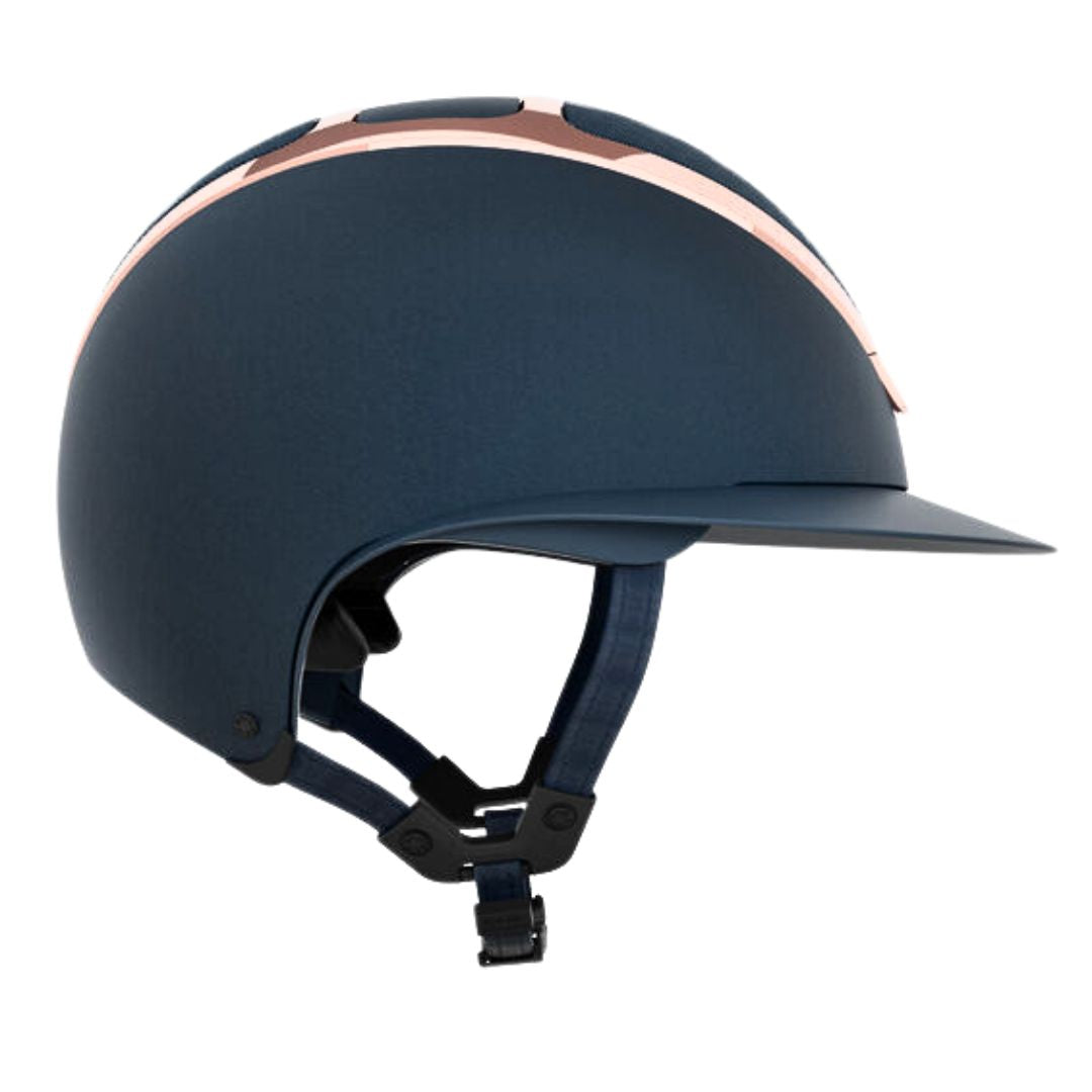 KASK Star Lady Chrome Equestrian Helmet - Navy with Rose Gold Frame; side view on white background | Wide Brim English Riding Helmets | Malvern Saddlery