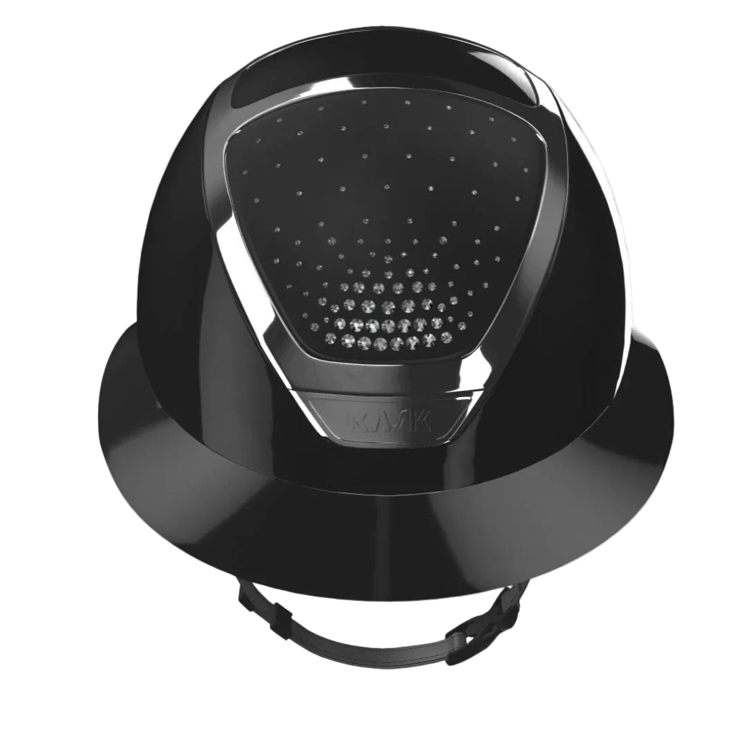 KASK Equestrian Star Lady Shine PASSAGE Helmet - Black Shell, Silver Chrome Frame, Clear Swarovski Crystals; front view | Wide Brim Helmets | Malvern Saddlery