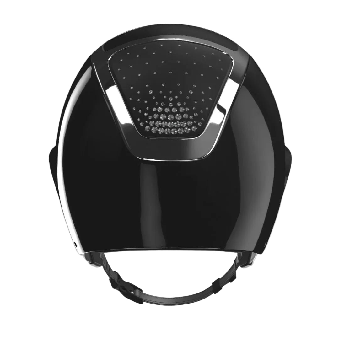 KASK Equestrian Star Lady Shine PASSAGE Helmet - Black Shell, Silver Chrome Frame, Clear Swarovski Crystals; back view | Wide Brim Helmets | Malvern Saddlery