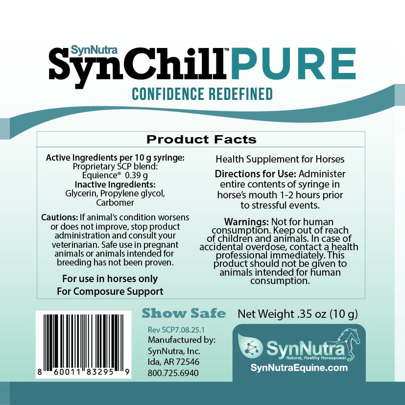 SynChill Pure Calming Gel - label and directions | Malvern Saddlery