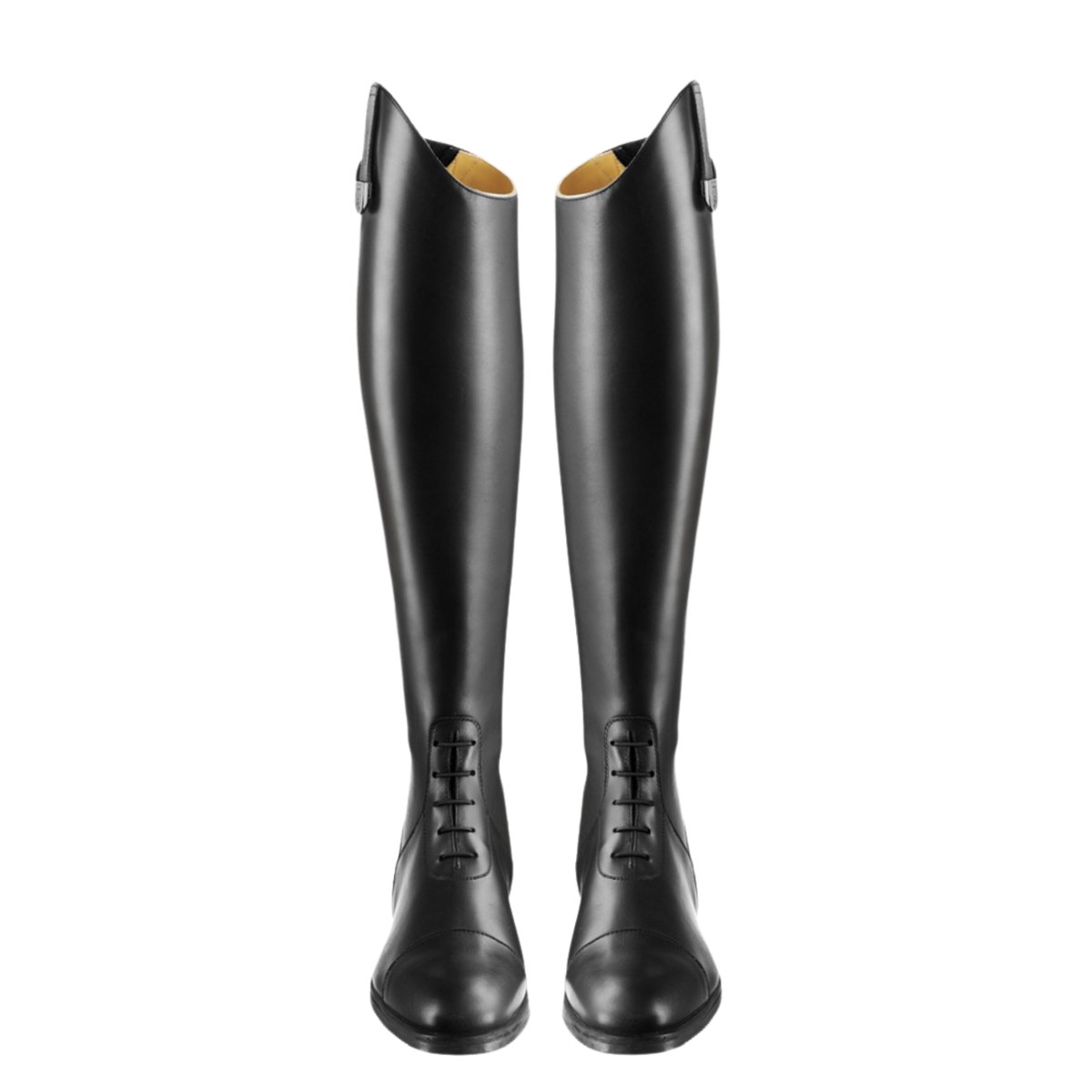 Pair of Tucci Time Galileo Black Leather Tall Field Riding Boots Front View with Elastic Laces