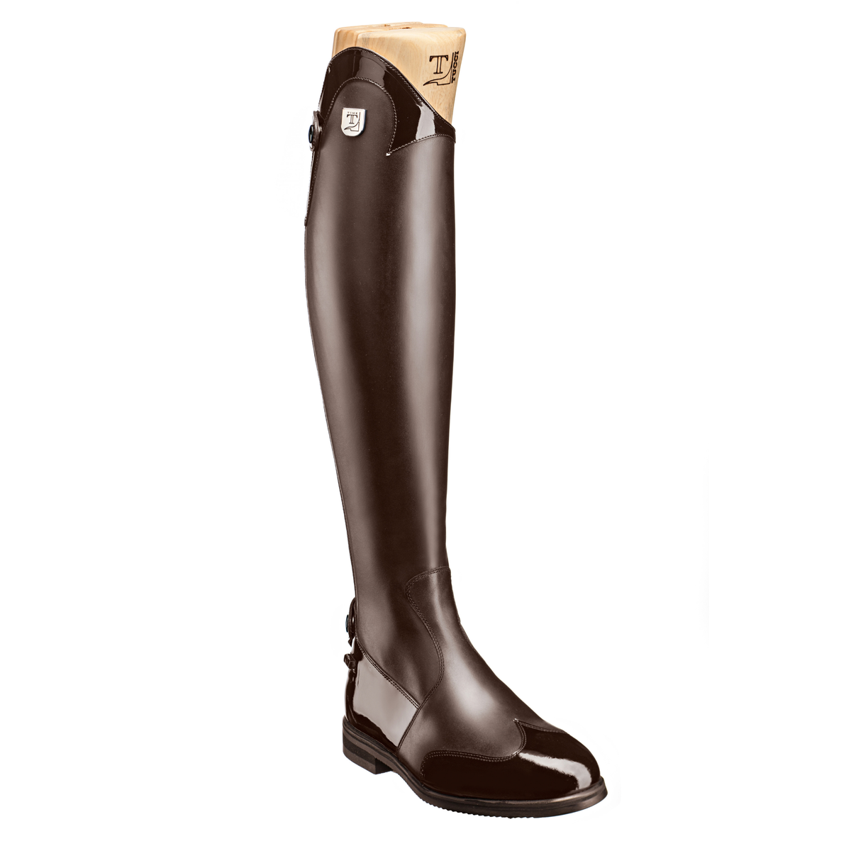 Tucci Marilyn Italian brown leather tall dress boot featuring punched leather accent, patent trim, and Spanish arch