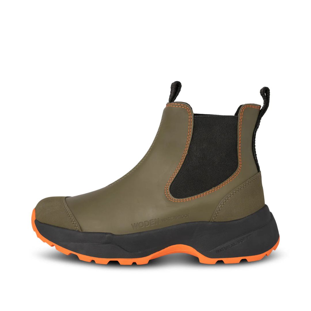Woden Siri Waterproof Boot Dark Olive with black & orange accents | Malvern Saddlery