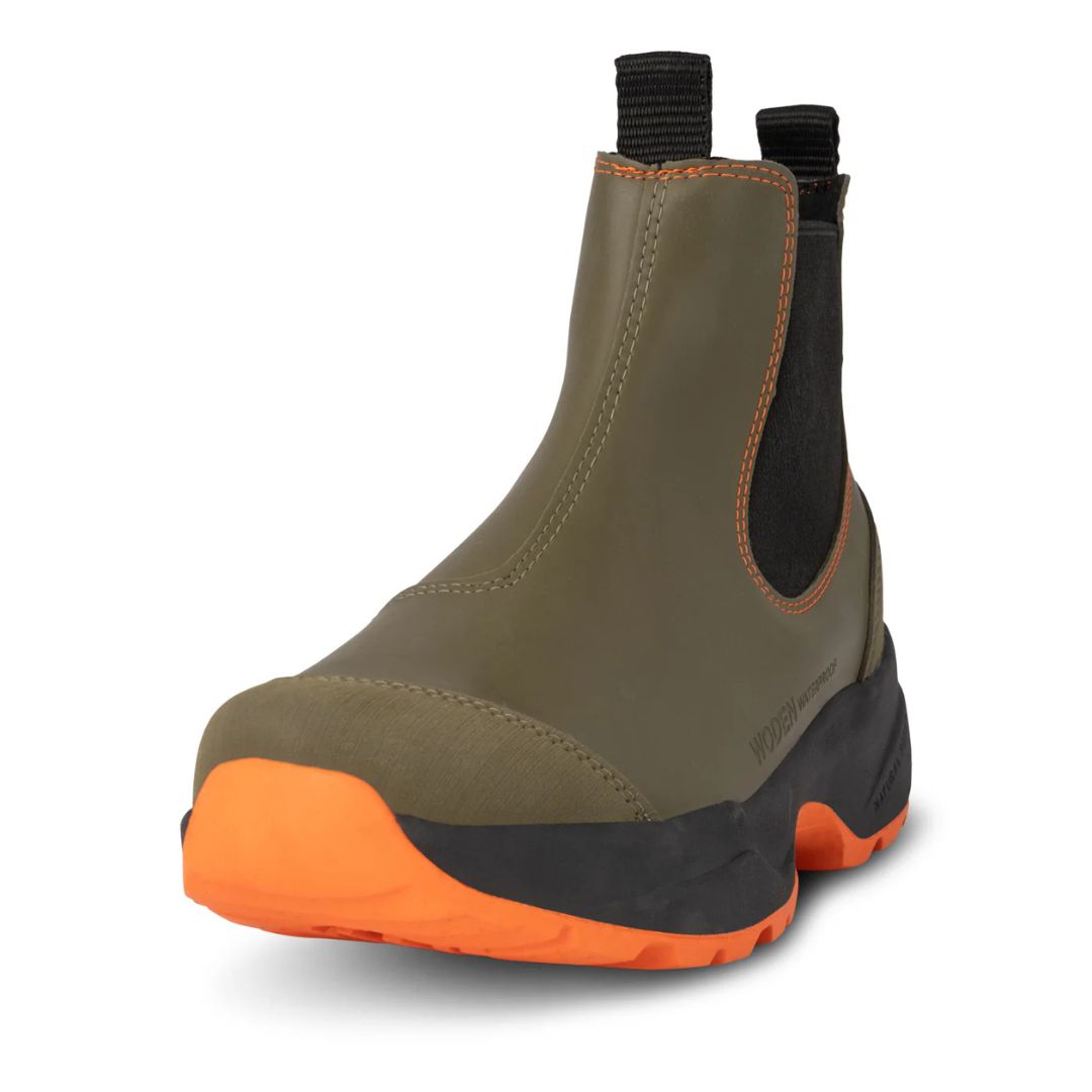 Woden Siri Waterproof Boot Dark Olive with black & orange accents | Malvern Saddlery