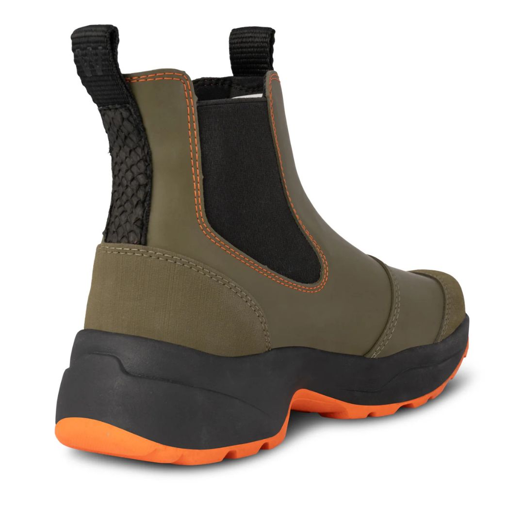 Woden Siri Waterproof Boot Dark Olive with black & orange accents, back side view | Malvern Saddlery