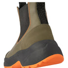Woden Siri Waterproof Boot  Dark Olive with black & orange accents, close up back view | Malvern Saddlery