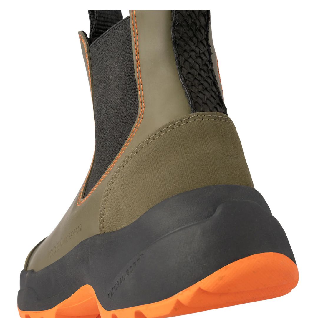 Woden Siri Waterproof Boot Dark Olive with black & orange accents, close up back view | Malvern Saddlery