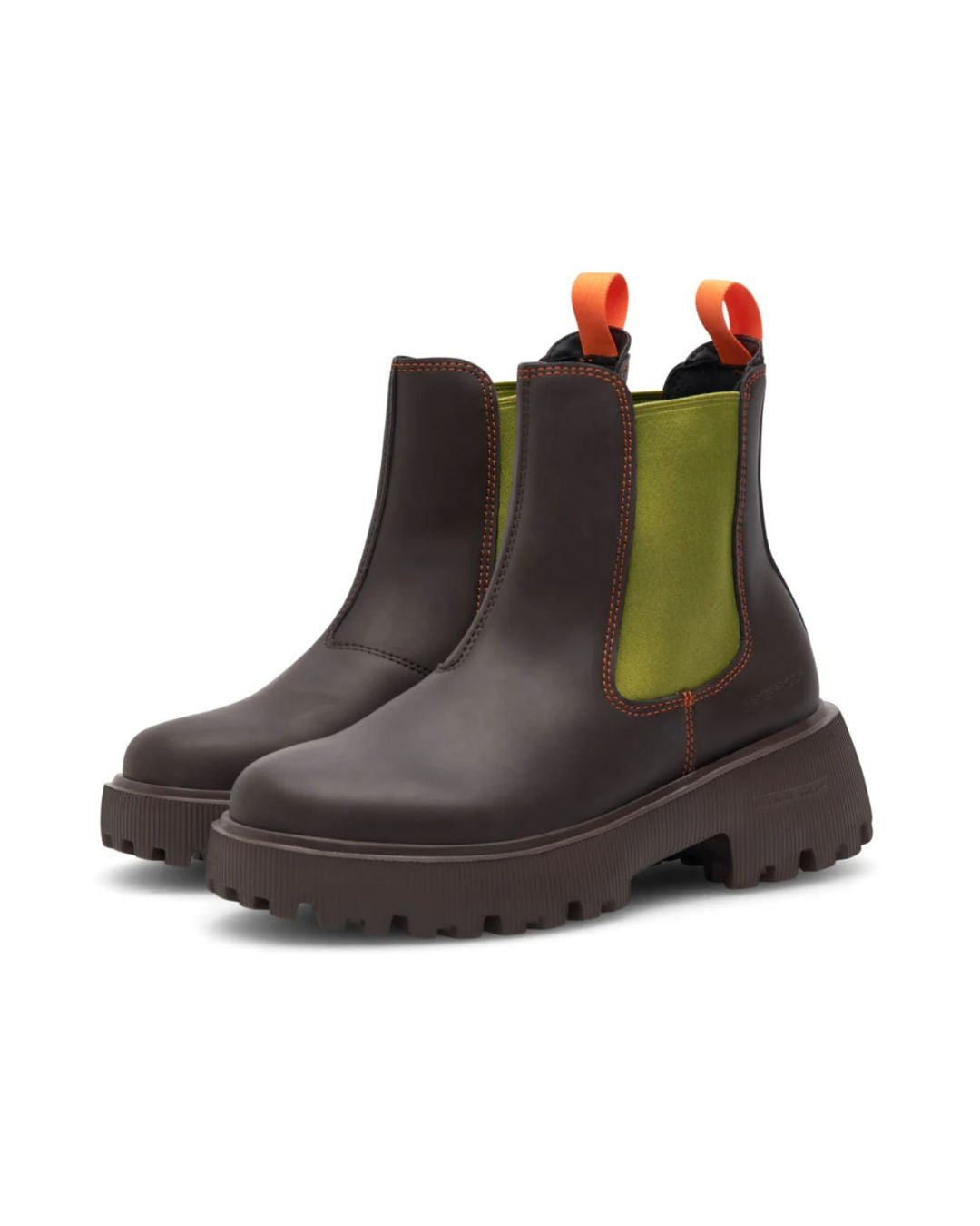 Woden Aya Waterproof Boot - Chocolate/Bambus Green, pair on white background | Style Footwear | Malvern Saddlery