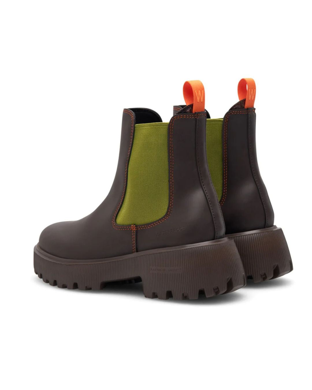 Woden Aya Waterproof Boot - Chocolate/Bambus Green, pair shown back view | Style Footwear | Malvern Saddlery